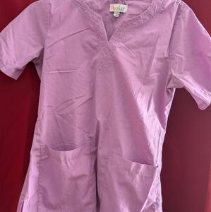 Lavender Scrub Top Embroidered Detail V Cut